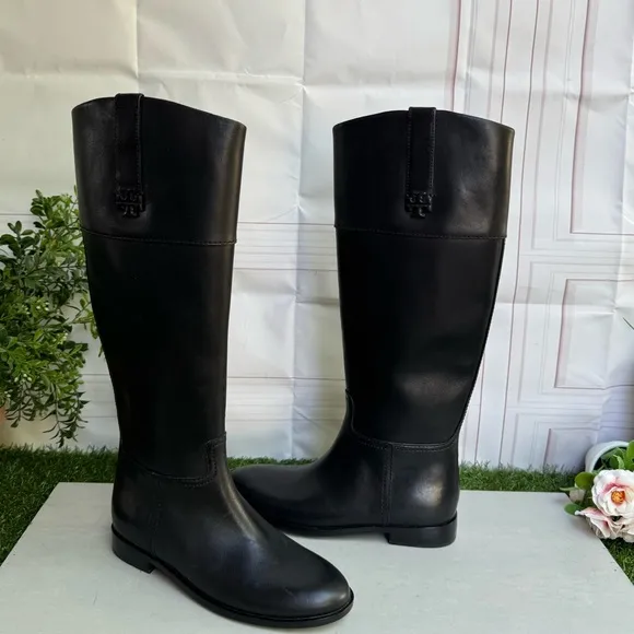 TORY BURCH Black Tall Double T logo Riding Boots size 6 new No Box