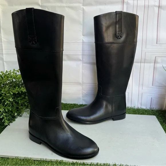 TORY BURCH Black Tall Double T logo Riding Boots size 6 new No Box