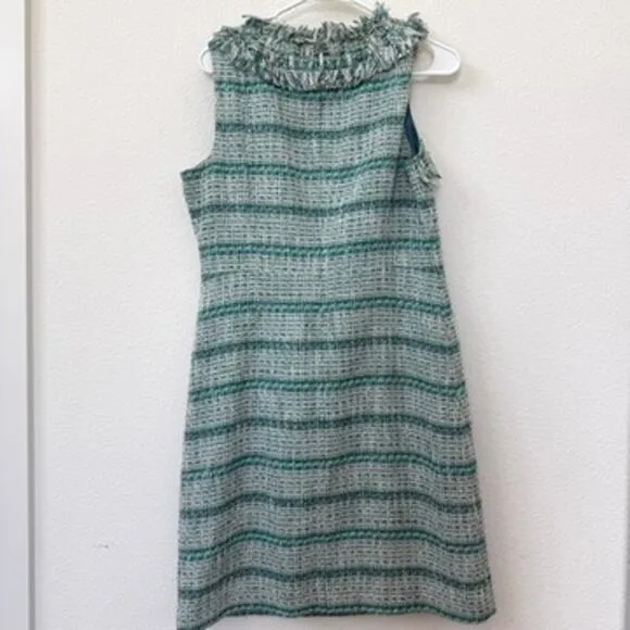 TORY BURCH Bouclé Tweed Mini Dress Green Fringe Trim Sleeveless Pockets Sz 8