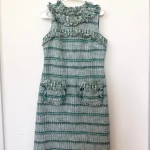 TORY BURCH Bouclé Tweed Mini Dress Green Fringe Trim Sleeveless Pockets Sz 8