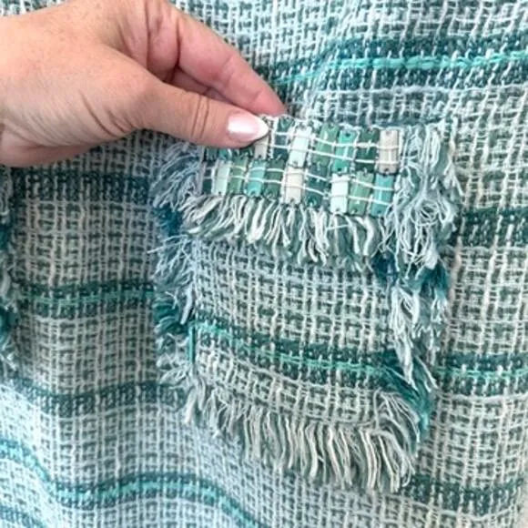 TORY BURCH Bouclé Tweed Mini Dress Green Fringe Trim Sleeveless Pockets Sz 8