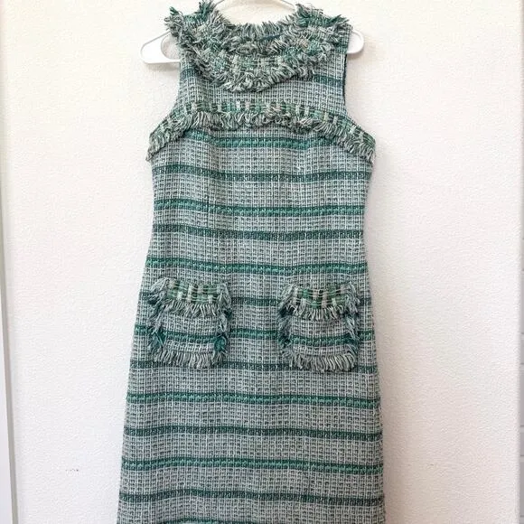 TORY BURCH Bouclé Tweed Mini Dress Green Fringe Trim Sleeveless Pockets Sz 8