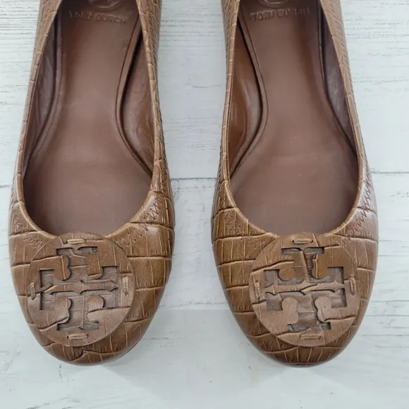 Tory Burch Brown Croc Embossed Leather Reva Ballet Flats Size 8M, Like New