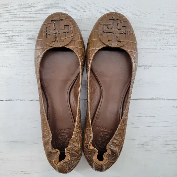 Tory Burch Brown Croc Embossed Leather Reva Ballet Flats Size 8M, Like New