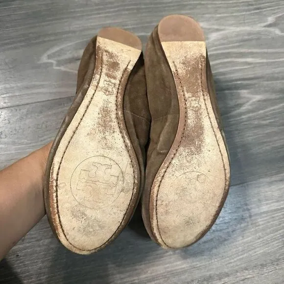 Tory Burch brown leather flats Elastic Logo Caroline Suede Ballerina Ballet Flat
