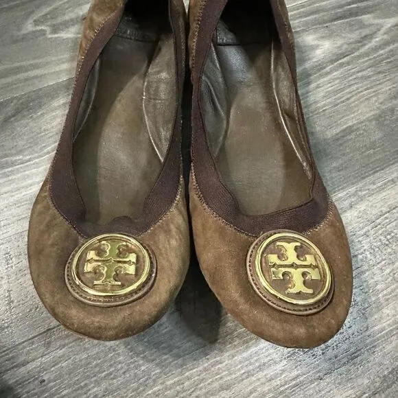 Tory Burch brown leather flats Elastic Logo Caroline Suede Ballerina Ballet Flat