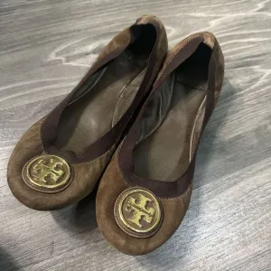 Tory Burch brown leather flats Elastic Logo Caroline Suede Ballerina Ballet Flat
