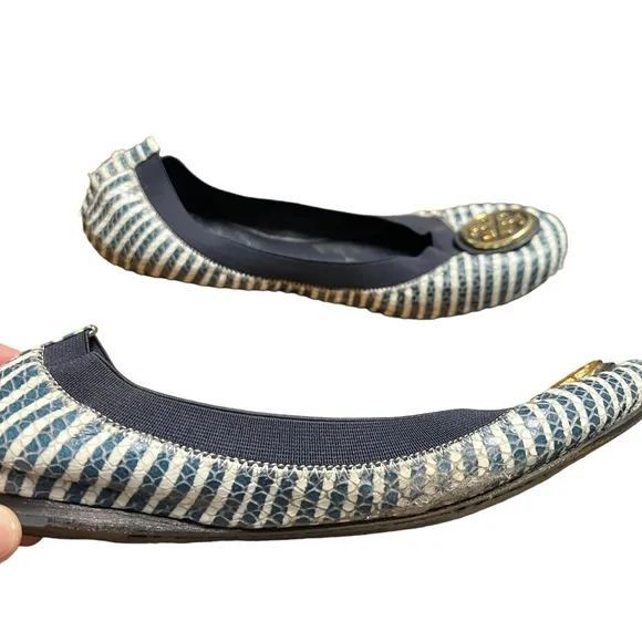 Tory Burch Caroline 2 Snake-Print leather Ballet Flat Navy/Ivory striped…