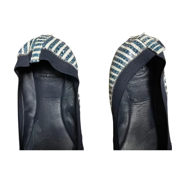 Tory Burch Caroline 2 Snake-Print leather Ballet Flat Navy/Ivory striped…