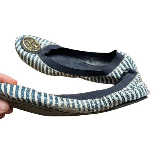 Tory Burch Caroline 2 Snake-Print leather Ballet Flat Navy/Ivory striped…