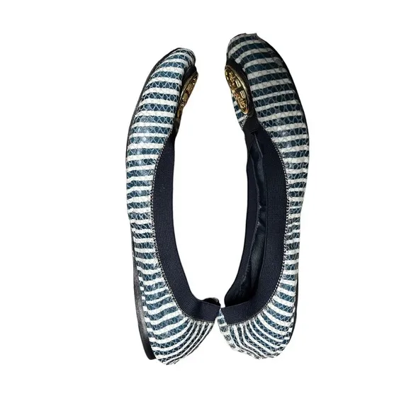 Tory Burch Caroline 2 Snake-Print leather Ballet Flat Navy/Ivory striped…