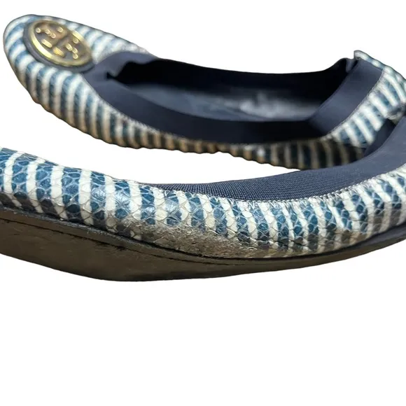 Tory Burch Caroline 2 Snake-Print leather Ballet Flat Navy/Ivory striped…