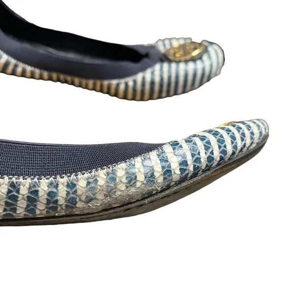 Tory Burch Caroline 2 Snake-Print leather Ballet Flat Navy/Ivory striped…