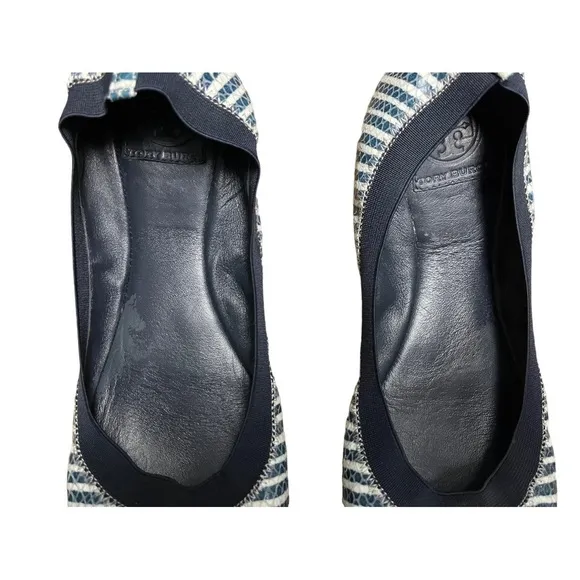 Tory Burch Caroline 2 Snake-Print leather Ballet Flat Navy/Ivory striped…