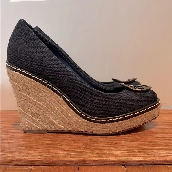 Tory Burch Cerise peep toe espadrille wedges in canvas fabric in Royal navy blue