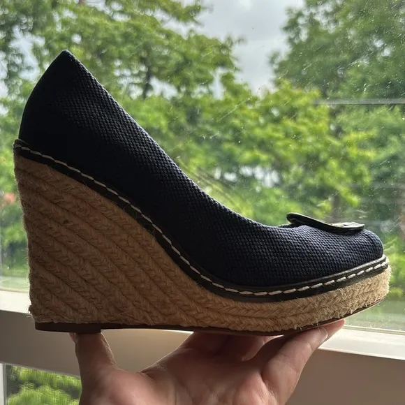 Tory Burch Cerise peep toe espadrille wedges in canvas fabric in Royal navy blue