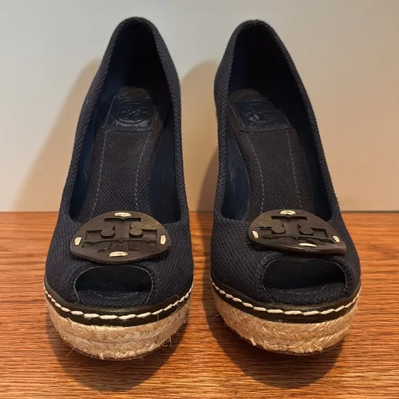 Tory Burch Cerise peep toe espadrille wedges in canvas fabric in Royal navy blue
