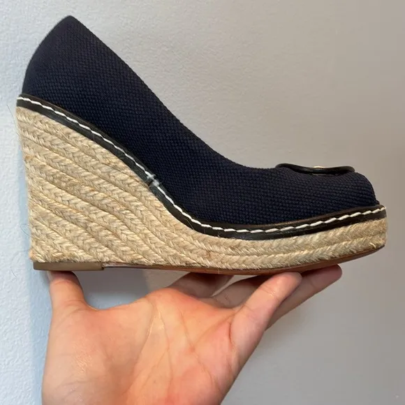 Tory Burch Cerise peep toe espadrille wedges in canvas fabric in Royal navy blue