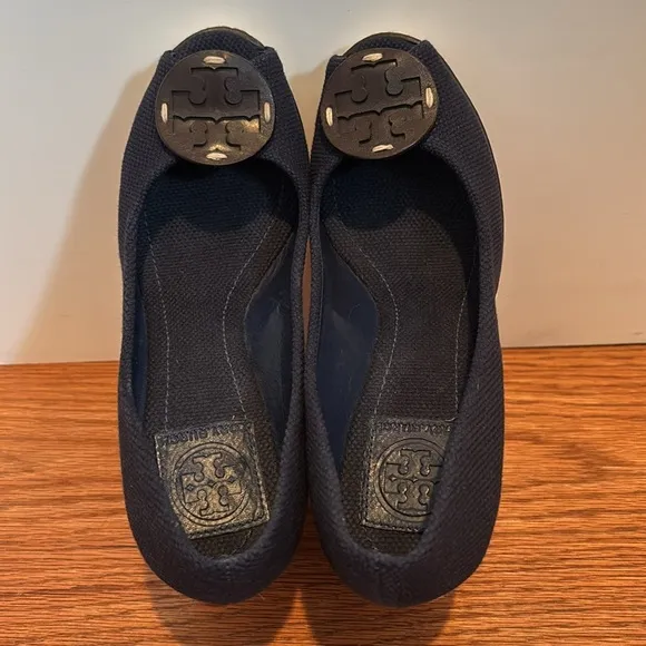 Tory Burch Cerise peep toe espadrille wedges in canvas fabric in Royal navy blue