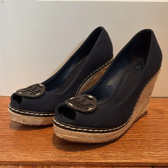 Tory Burch Cerise peep toe espadrille wedges in canvas fabric in Royal navy blue
