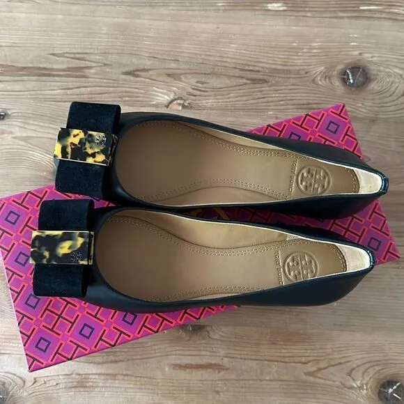 Tory Burch ‘Chase Ballet’ leather bow flats NEW in box Size 6 M Black