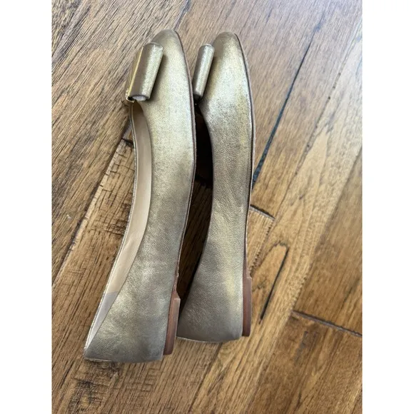 TORY BURCH Chase Gold Logo Bow Leather Gold Ballet Flats Size 10 Womens