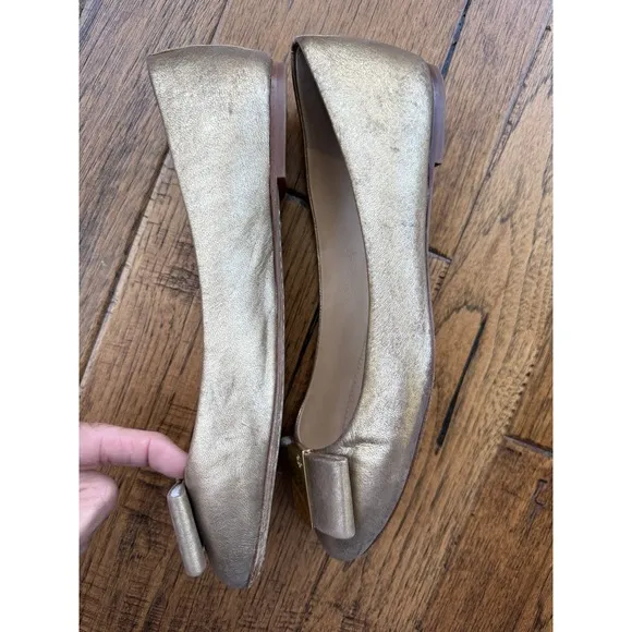 TORY BURCH Chase Gold Logo Bow Leather Gold Ballet Flats Size 10 Womens