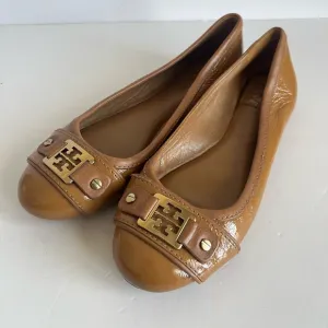 Tory Burch Clines Royal Tan leather Gold Harware Ballet Flats size 7M