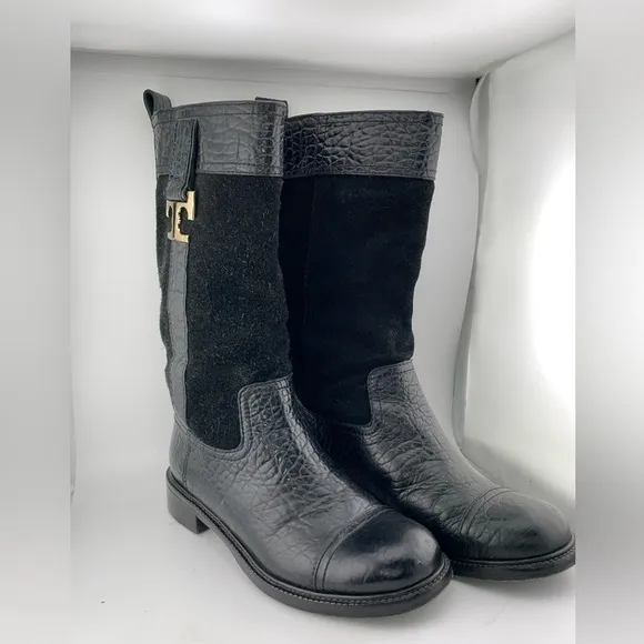 Tory Burch Corey Mid Calf Flat Leather Embossed Black  Suede Boots Size 7M​​