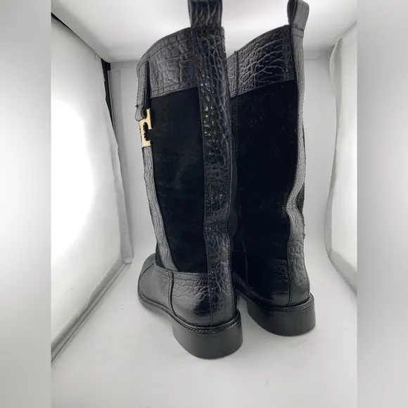 Tory Burch Corey Mid Calf Flat Leather Embossed Black  Suede Boots Size 7M​​