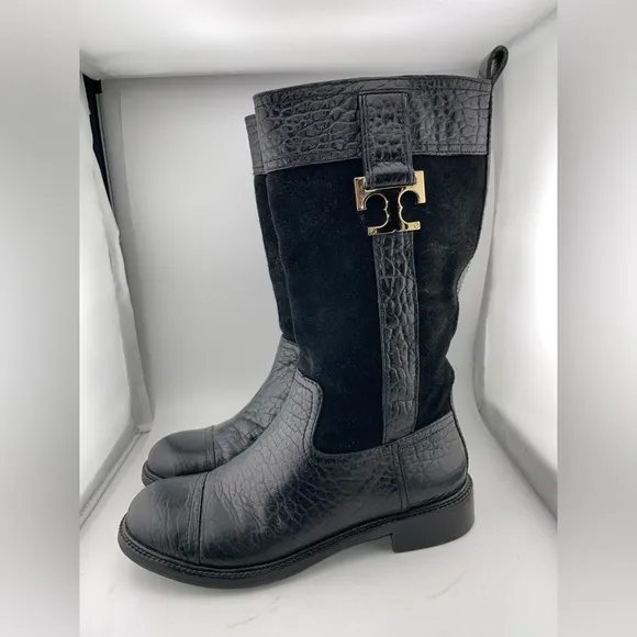 Tory Burch Corey Mid Calf Flat Leather Embossed Black  Suede Boots Size 7M​​