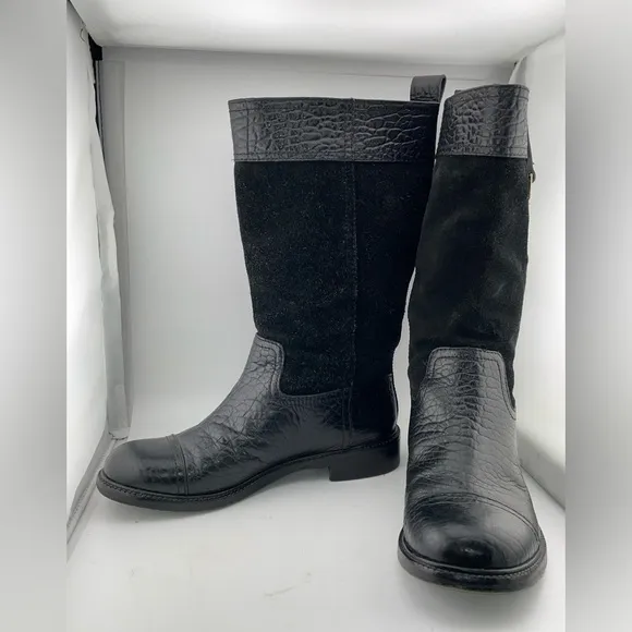 Tory Burch Corey Mid Calf Flat Leather Embossed Black  Suede Boots Size 7M​​
