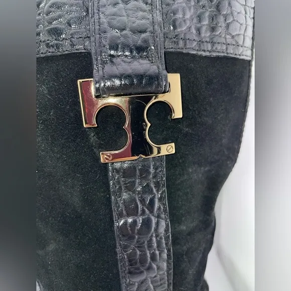 Tory Burch Corey Mid Calf Flat Leather Embossed Black  Suede Boots Size 7M​​