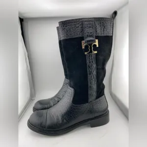 Tory Burch Corey Mid Calf Flat Leather Embossed Black  Suede Boots Size 7M​​