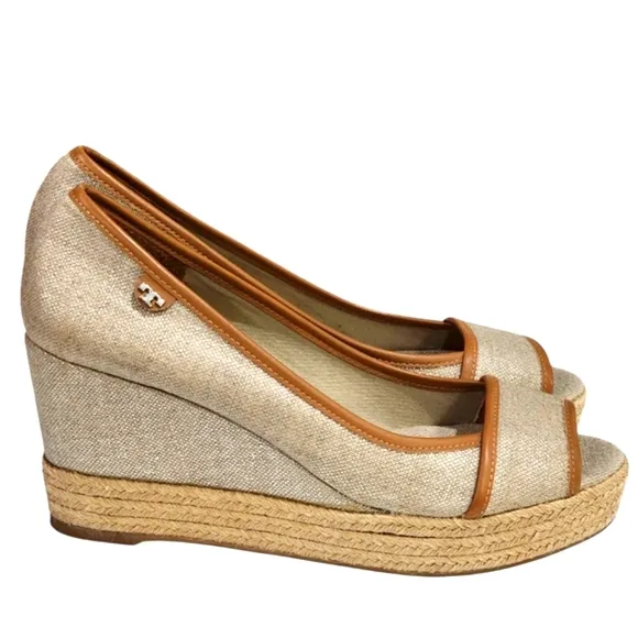 Tory Burch Cream and Brown Wedge Sandals with Peep-Toe
