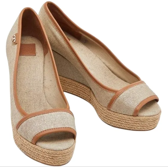 Tory Burch Cream and Brown Wedge Sandals with Peep-Toe