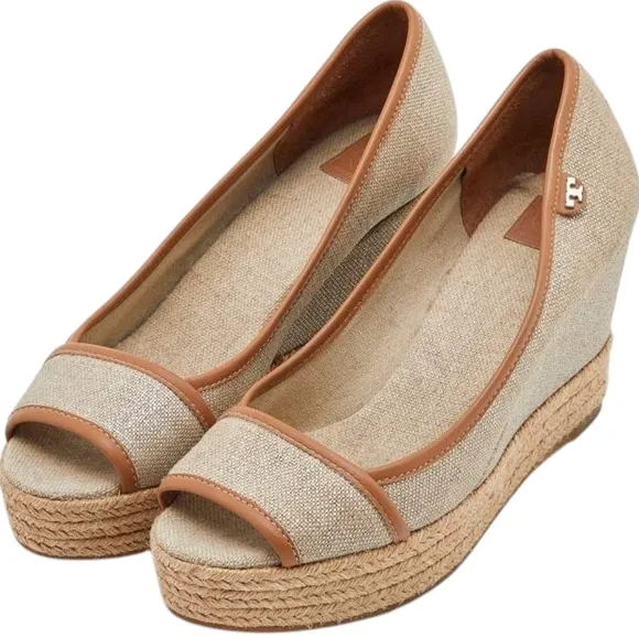 Tory Burch Cream and Brown Wedge Sandals with Peep-Toe
