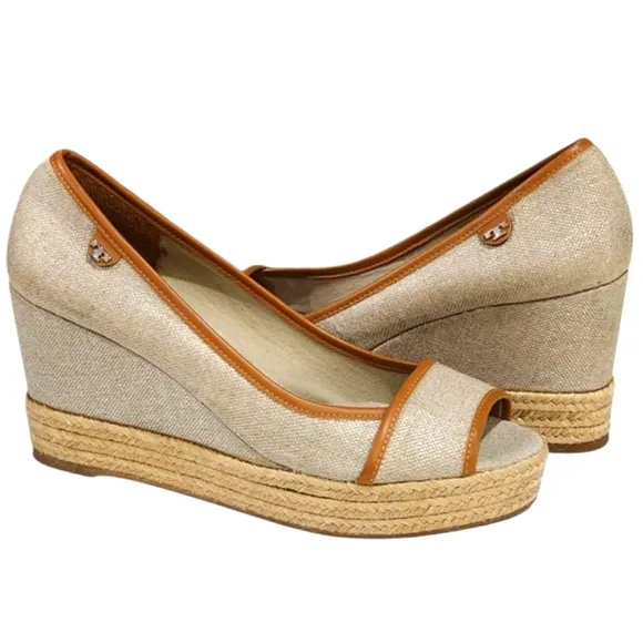 Tory Burch Cream and Brown Wedge Sandals with Peep-Toe