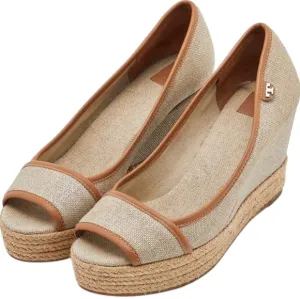 Tory Burch Cream and Brown Wedge Sandals with Peep-Toe