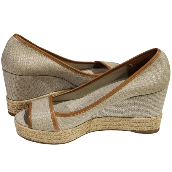 Tory Burch Cream and Brown Wedge Sandals with Peep-Toe