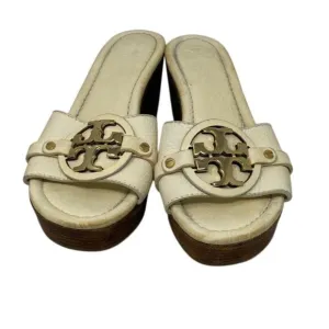Tory Burch Cream Brown Leather Logo Wedge Heel Vacation Platform Sandals 7