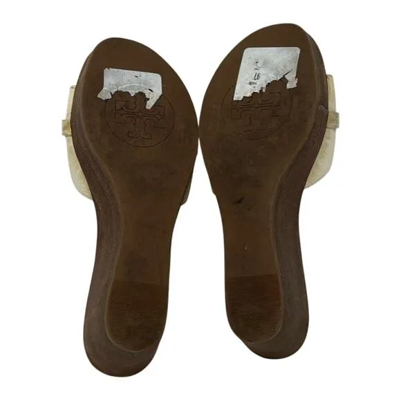 Tory Burch Cream Brown Leather Logo Wedge Heel Vacation Platform Sandals 7