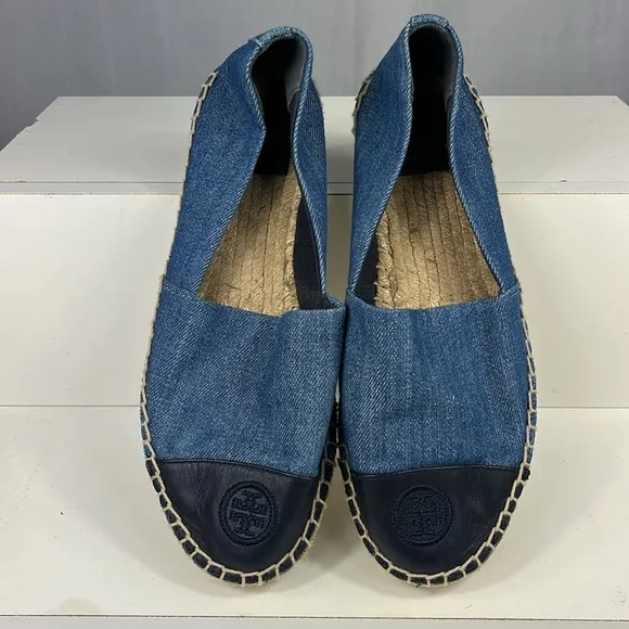 Tory Burch Denim Chambray Navy Leather Color Block Espadrille Flats.