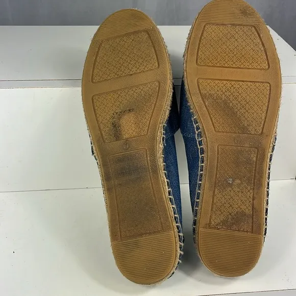 Tory Burch Denim Chambray Navy Leather Color Block Espadrille Flats.