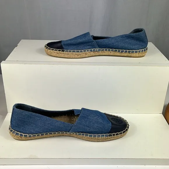 Tory Burch Denim Chambray Navy Leather Color Block Espadrille Flats.