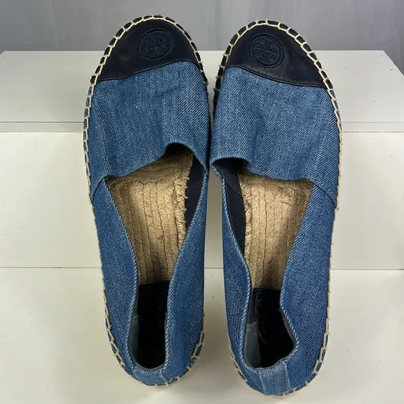 Tory Burch Denim Chambray Navy Leather Color Block Espadrille Flats.