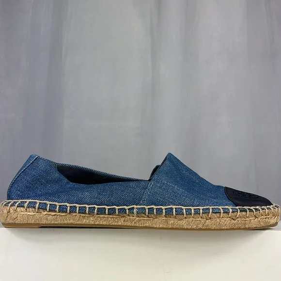 Tory Burch Denim Chambray Navy Leather Color Block Espadrille Flats.