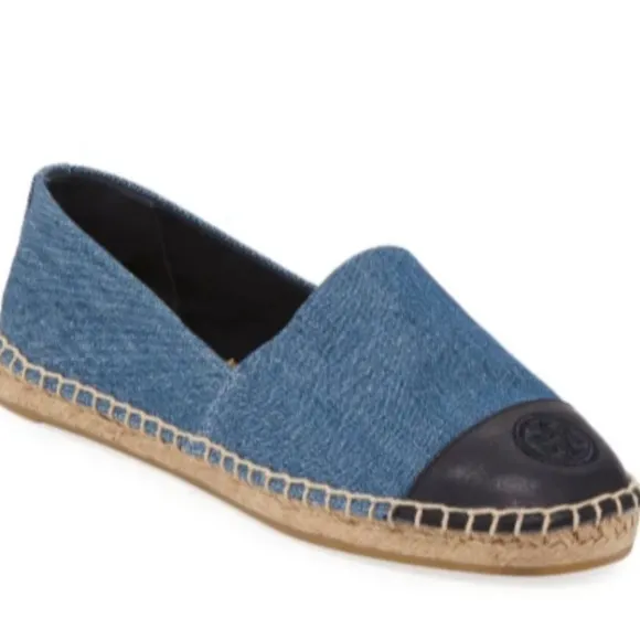 Tory Burch Denim Chambray Navy Leather Color Block Espadrille Flats.