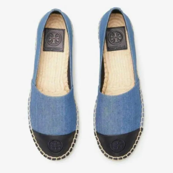 Tory Burch Denim Chambray Navy Leather Color Block Espadrille Flats.