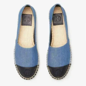 Tory Burch Denim Chambray Navy Leather Color Block Espadrille Flats.
